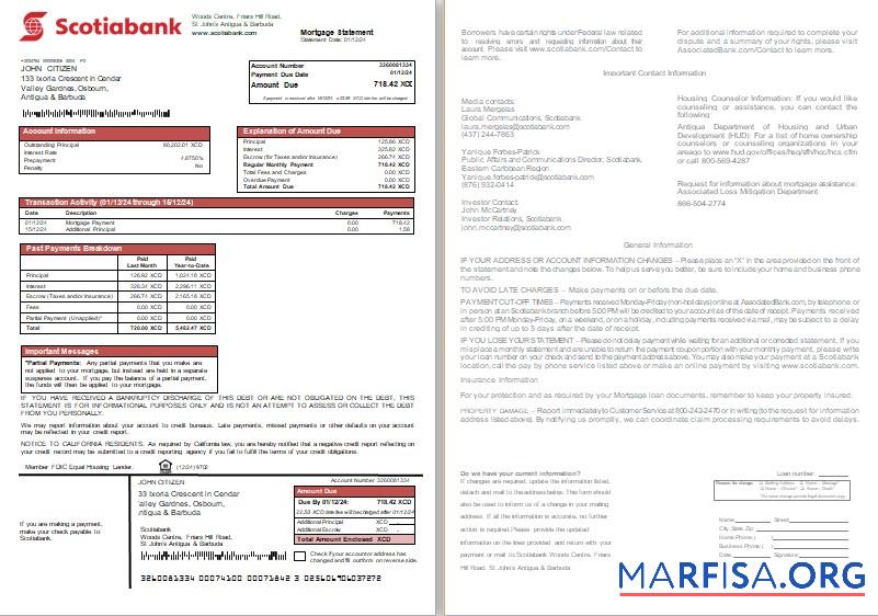 Downloadable Antigua and Barbuda Scotiabank bank mortgage statement, 2 pages, 1 2 scr template